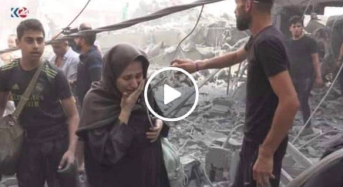Screenshot of a video thumbnail showing Saja Redwan, heavily pregnant, being evacuated from Gaza in October 2023.