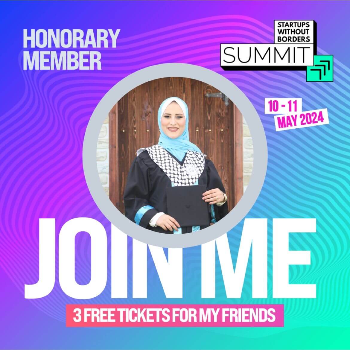 Stylized infographic featuring Saja Redwan's graduation portrait promoting an event as part of her work with Meta's Startups Without Borders programme.